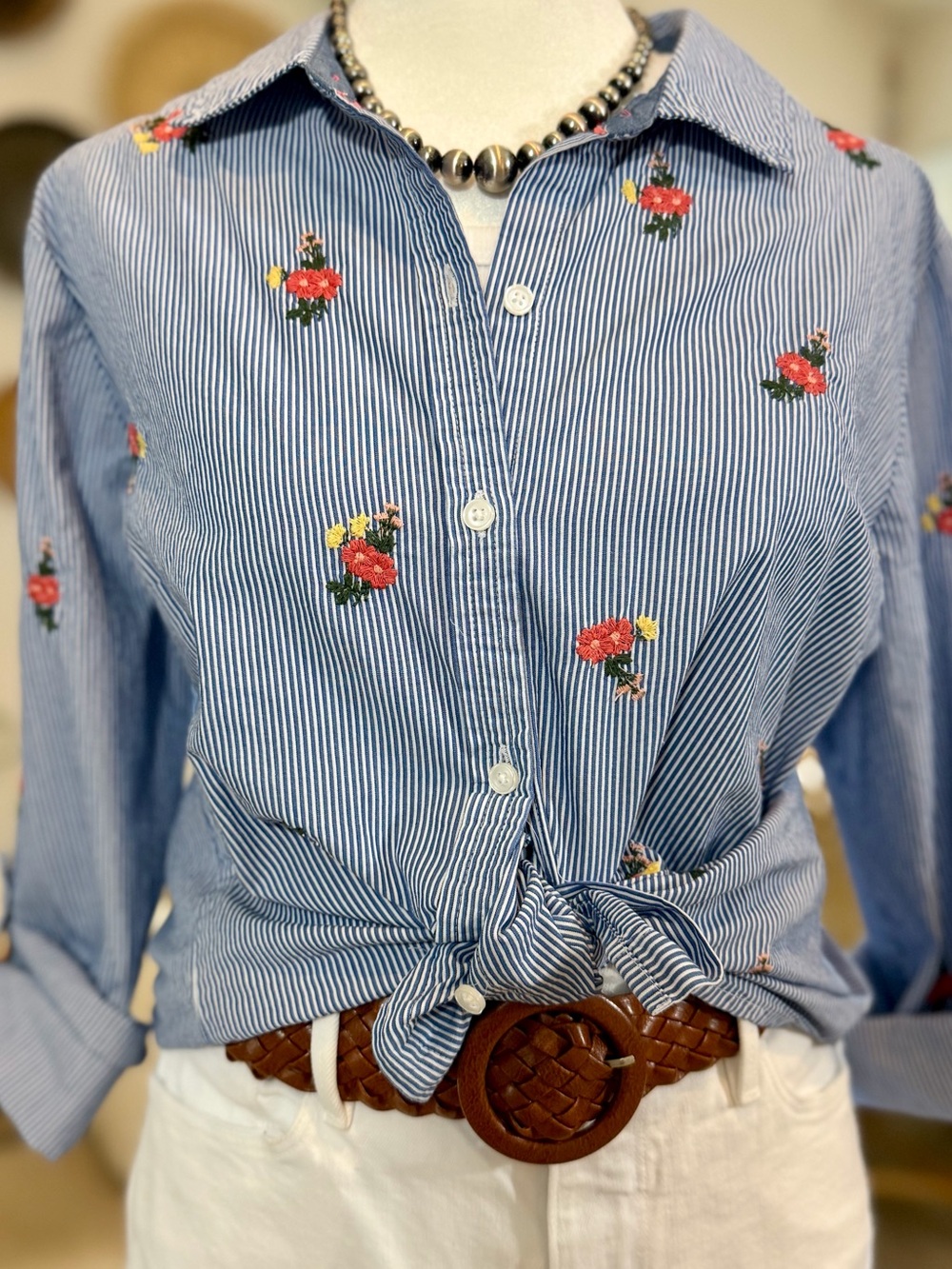 Blue & White Striped Top Coastal Cottage FloralButton-Up Shirt Spring PL Cotton